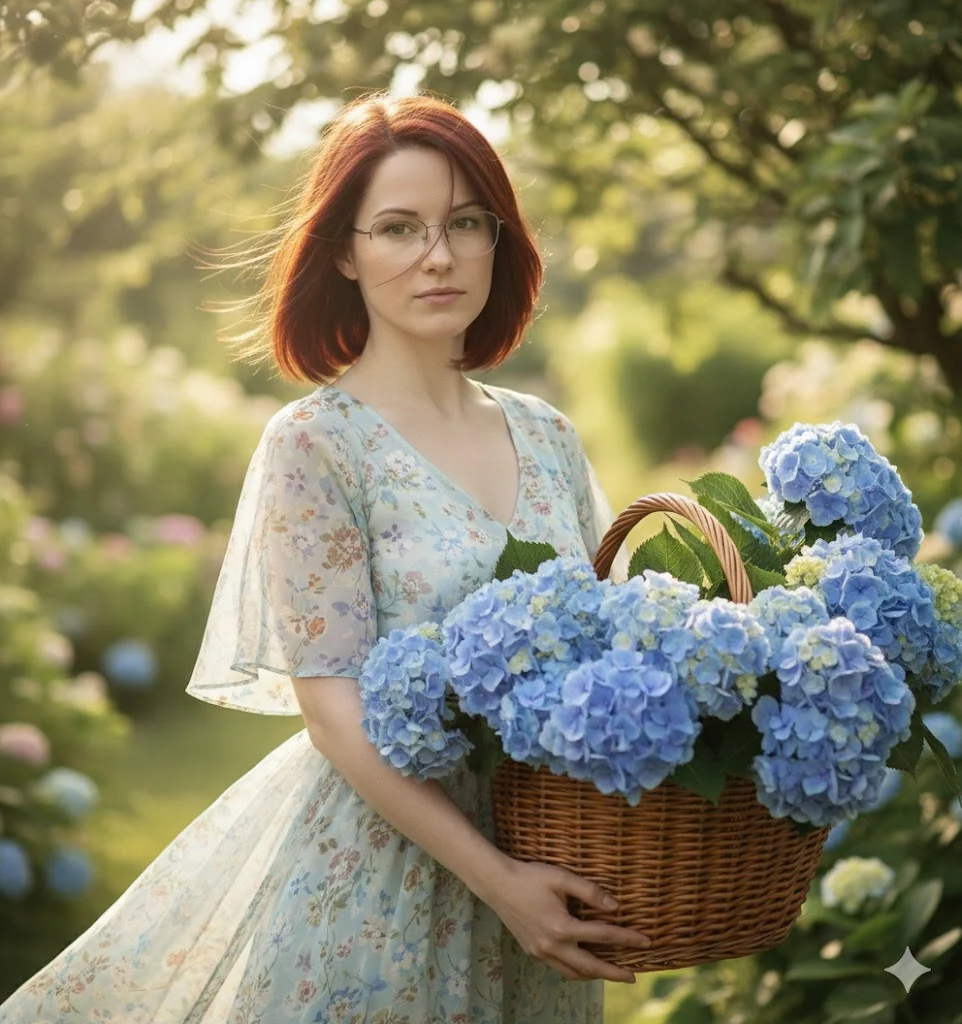 Нежный портрет девушки с корзиной голубых гортензий в саду, стиль Spring Vibes, сгенерировано нейросетью Nana Banana Pro