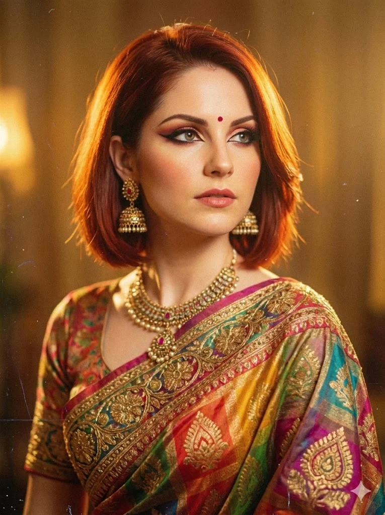 Портрет женщины в сари и украшениях, стиль Болливуд 70-х (Vintage Bollywood), эффект пленки Technicolor, сгенерировано в Nana Banana Pro