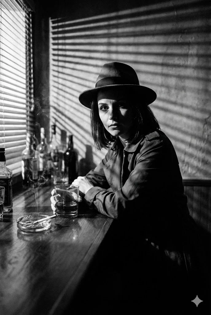 Черно-белое фото загадочной женщины за барной стойкой с виски, стиль Нуар (Film Noir), драматичные тени, сгенерировано в Nana Banana Pro