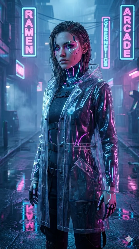 Портрет девушки с имплантами в стиле Киберпанк (Cyberpunk), дождливый Нео-Токио, неоновый свет, сгенерировано в Nana Banana Pro