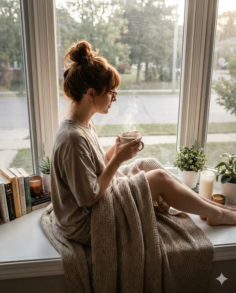 Уютное фото девушки на подоконнике с кофе, стиль Хюгге (Hygge), утренний свет, сгенерировано в Nana Banana Pro