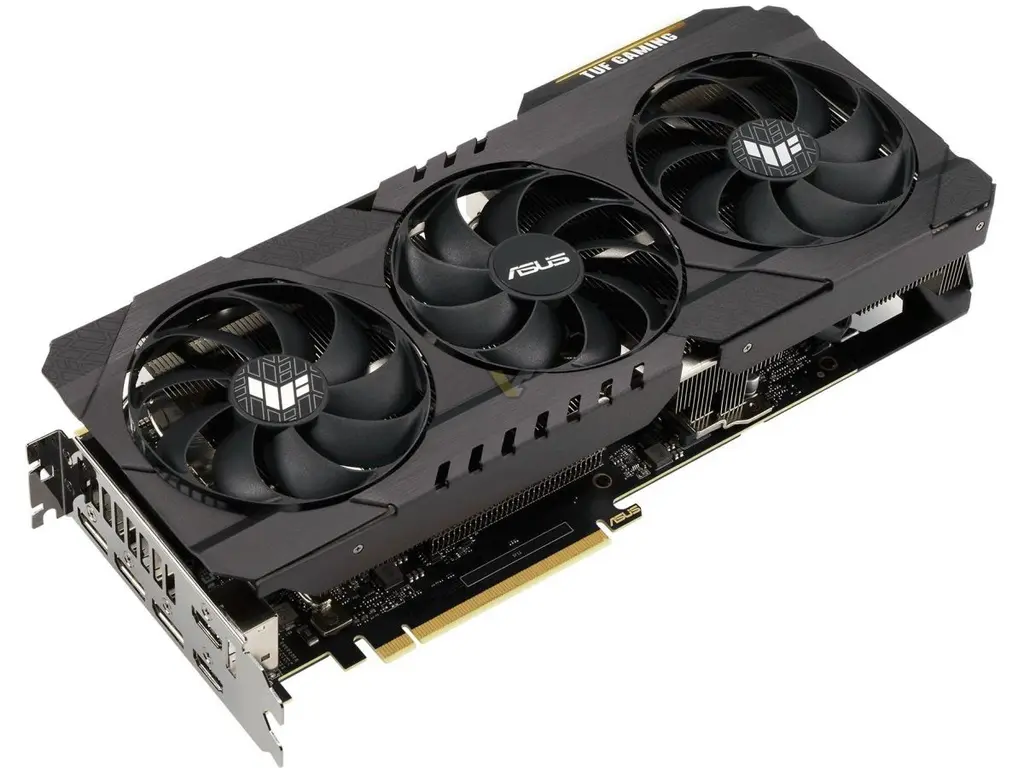 Видеокарта ASUS TUF RTX 3090 с тремя вентиляторами, вид сверху под углом