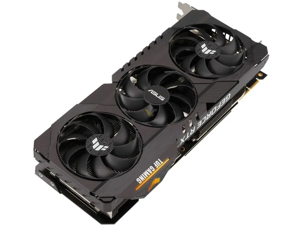 Видеокарта ASUS RTX 3090 под углом, вид на вентиляторы