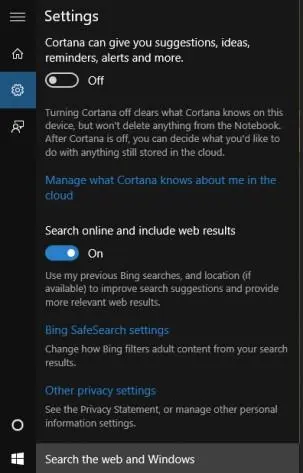 Окно настроек Cortana с переключателями
