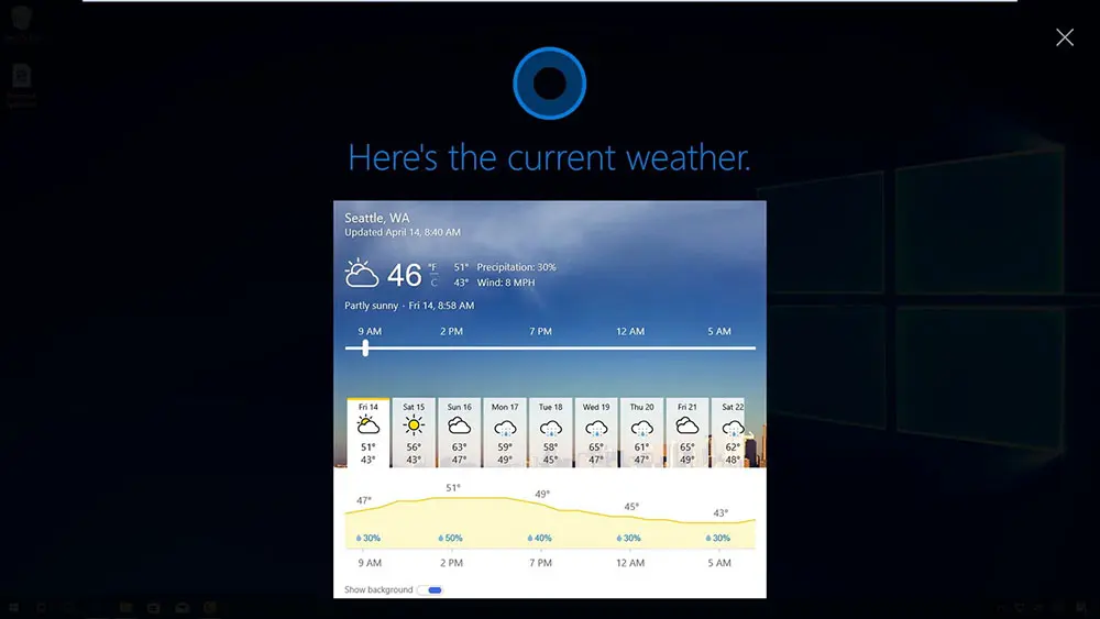 Окно Cortana с прогнозом погоды
