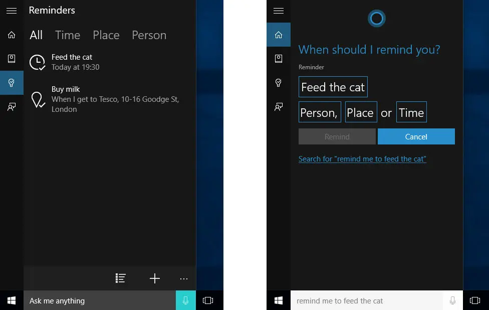 Окно голосового помощника Cortana в Windows 10