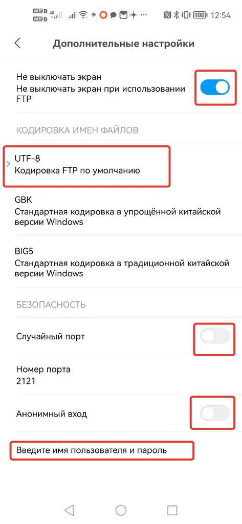 Экран настроек FTP-сервера на телефоне