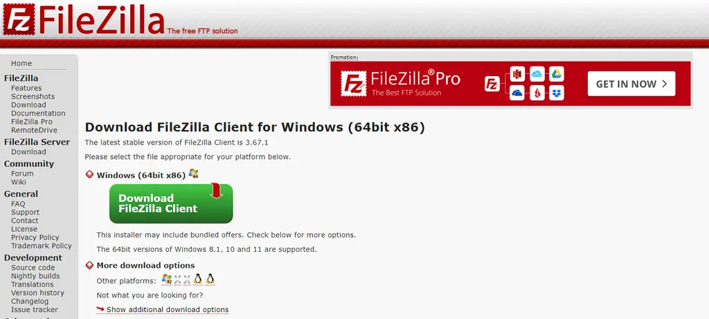 Страница загрузки клиента FileZilla на сайте разработчика