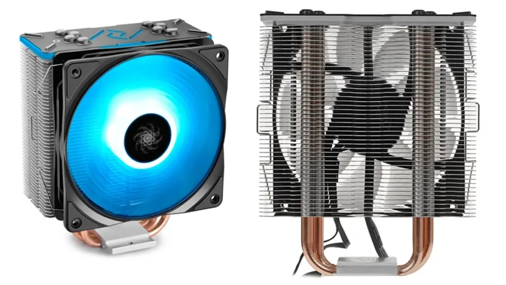 Кулер DEEPCOOL GAMMAXX GT BK с синей подсветкой, вид сверху и сбоку