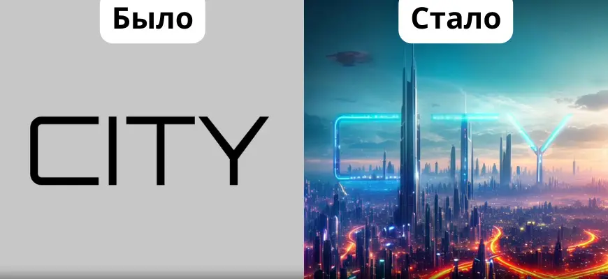 Сравнение «Было» и «Стало»: надпись CITY и футуристичный город