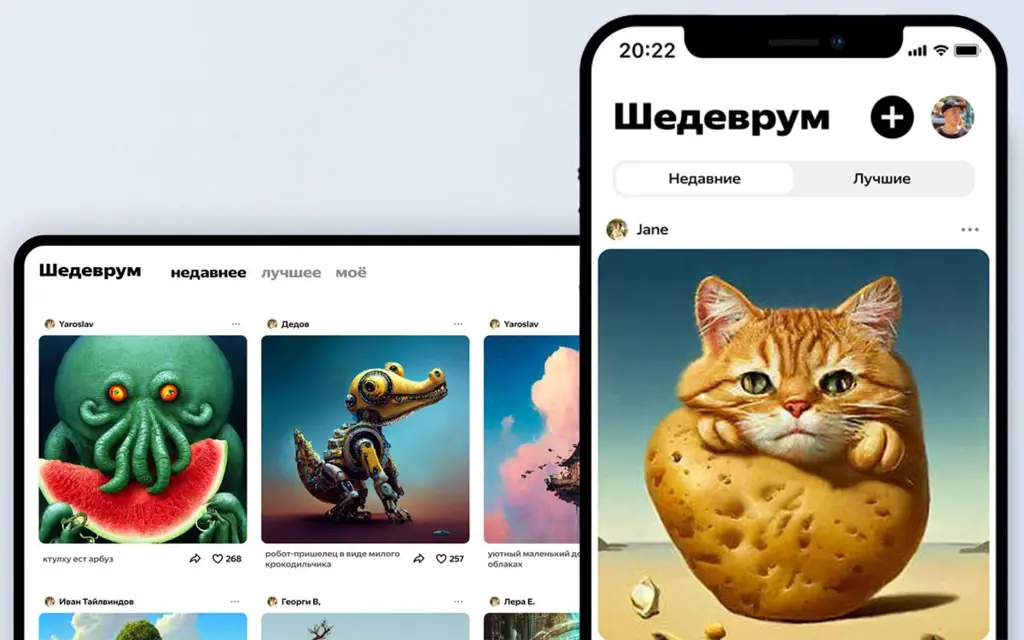 Приложение «Шедеврум» с примерами изображений кота и картофеля