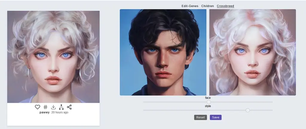 Интерфейс Artbreeder с тремя портретами