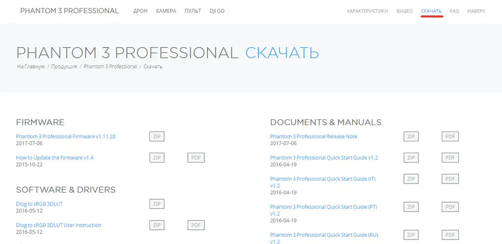 Страница загрузки прошивок Phantom 3 Professional на сайте производителя