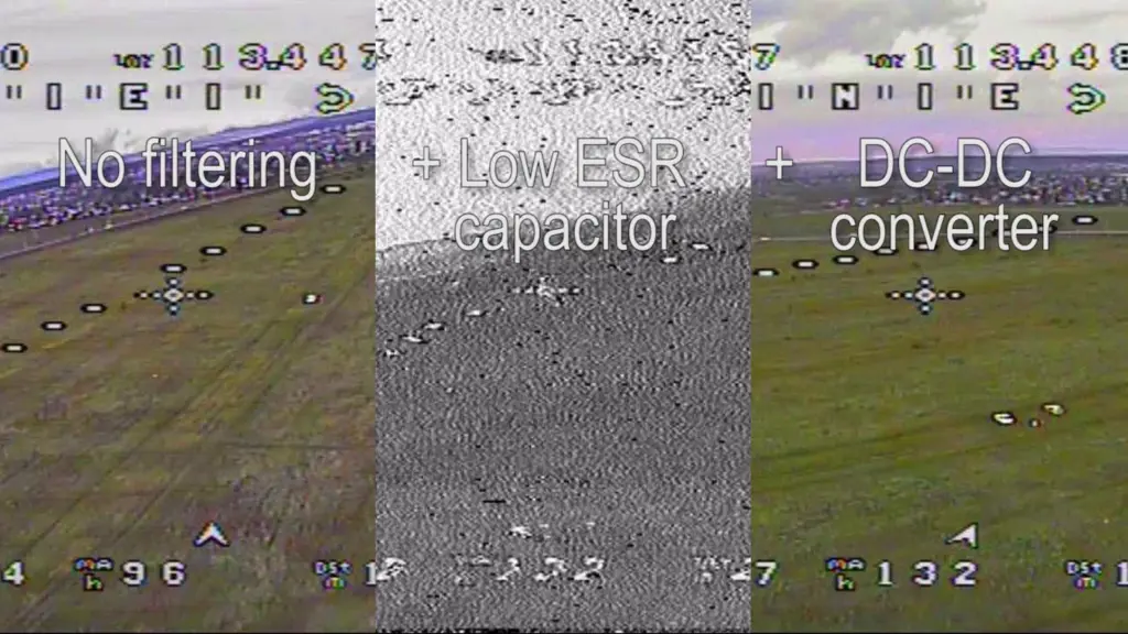 Три FPV-кадра: без фильтрации, с LC-фильтром и с DC-DC преобразователем