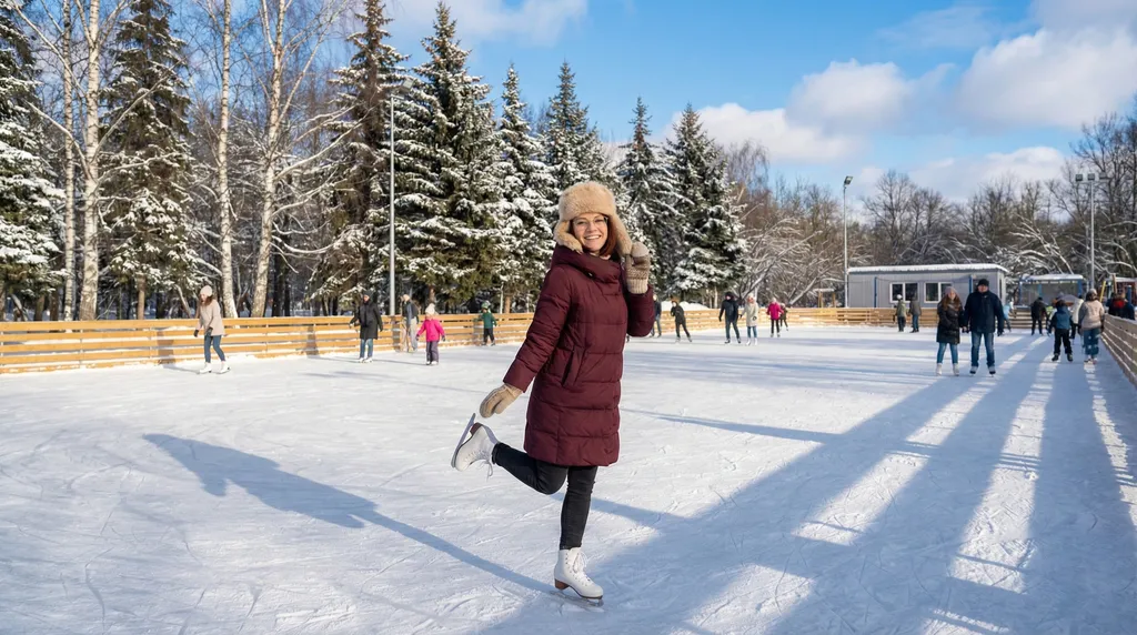 Исходное фото для Img2Img: Девушка на катке в пуховике и шапке для замены одежды на купальник нейросетью